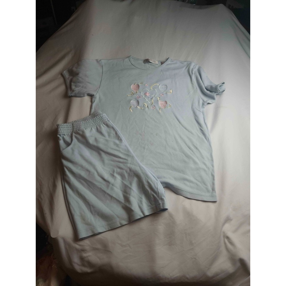 Vintage Karen Scott Short Pajama Set Womens PL Light Blue Embroidered 2-Piece